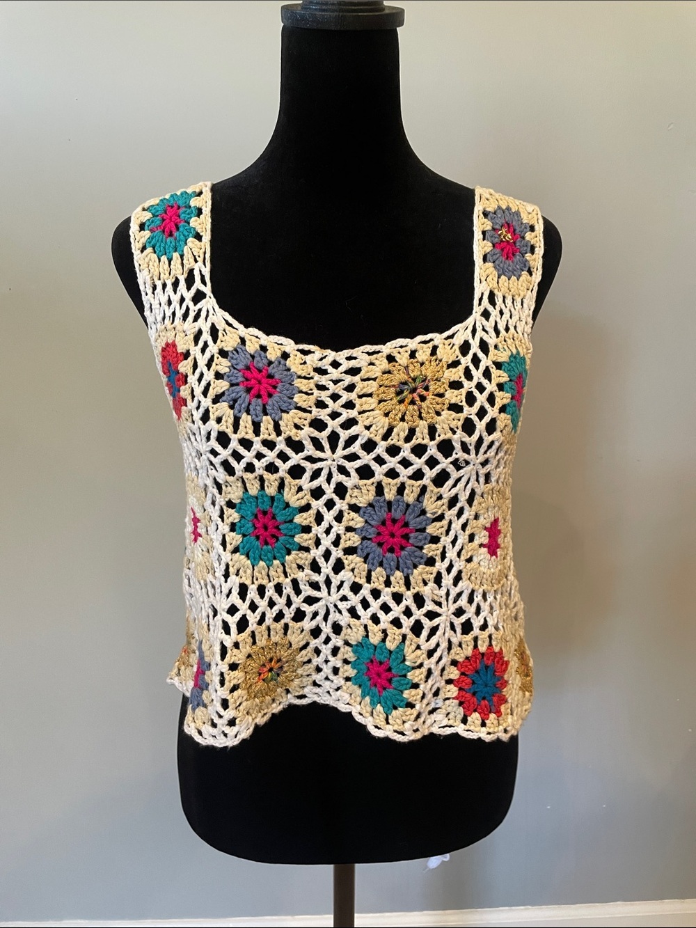 En Creme Crochet Tank Top in Cream with Teal, Pink & purple Accents